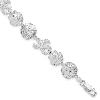 Diamond2Deal Sterling Silver Rhod-plated Polished Starfish,Shell,Sand Dollar Bracelet 7.25