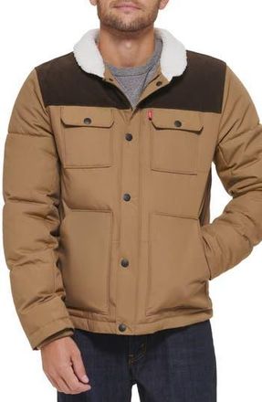 Levi's Woodsman High Pile Fleece Puffer Jacket in Tan Dark Brown Corduroy Yoke at Nordstrom Rack, Size Xx-Large