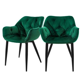 ML Design Ml-design - Set 2x Sillas De Comedor Con Respaldo Y Reposabrazos Asiento Verde Oscuro Tapizado Con Funda De Terciopelo Patas De Metal Sill&oacute;n Dise&ntilde;o Er