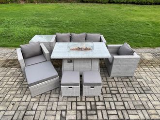 Fimous Outdoor Garden Dining Sets Rattan Furniture Gas Fire Pit Dining Table With 2 Armchairs Side Table Footstools in Light Grey