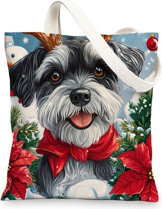 Generic Winter Christmas Schnauzer Dog Canvas Tote Bag for Shopping 13x15, Snowman Xmas Puppy Pet Reusable Grocery Print Bag for Women Men, Holiday Aesthetic 