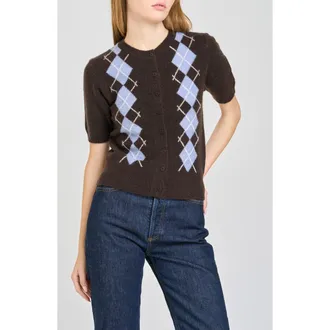 Wayf Esther Short Sleeve Cardigan in Brown/blue at Nordstrom, Size X-Small