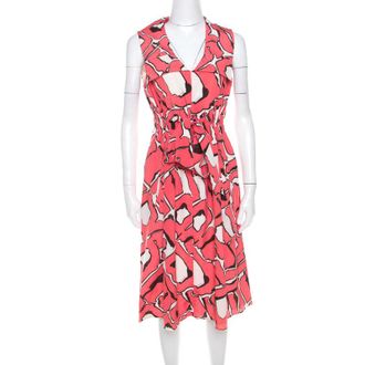 Escada Pink And White Abstract Print Silk Sleeveless Tie Up Dress