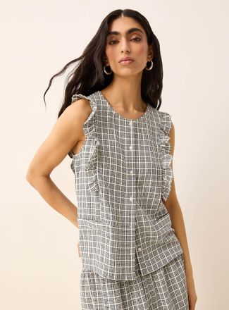 Ichi Womens Ruffled trim checkered sleeveless blouse