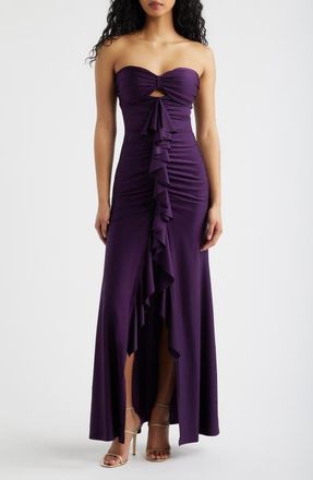 Emerald Sundae Strapless Ruffle Sateen Gown in Eggplant at Nordstrom, Size X-Small