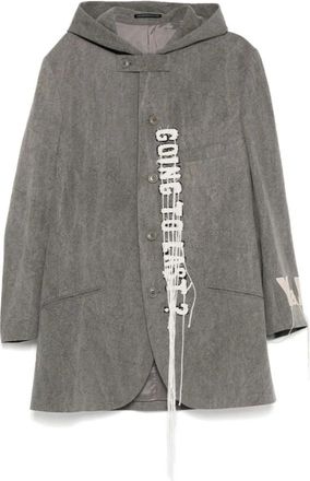 Yohji Yamamoto Light Jackets, male, Gray, L, Grey Wool Hooded Jacket with Slogan Print