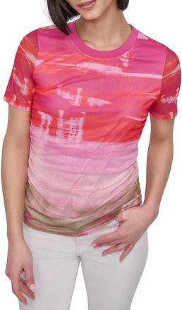DKNY Print Ruched Mesh Top in Brushed Skyline at Nordstrom, Size X-Small
