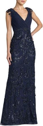Mac Duggal Womens Floral Beaded Chiffon V-Neck Evening Gown in Midnight at Nordstrom, Size 16