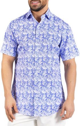 Tailorbyrd Distressed Hawaiian Leaves Short Sleeve Button-Up Shirt in Light Blue at Nordstrom Rack, Size Xx-Large