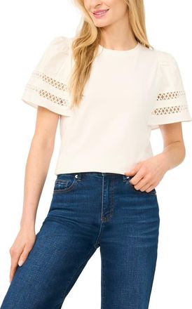 CeCe by Cynthia Steffe Embroidered Detail Short Sleeve Cotton Top in New Ivory at Nordstrom, Size X-Small