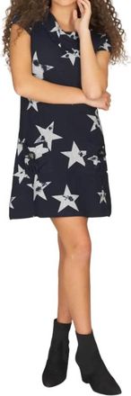 Papillon Star Print Short Sleeve Dress With Foldover Collar In Navy