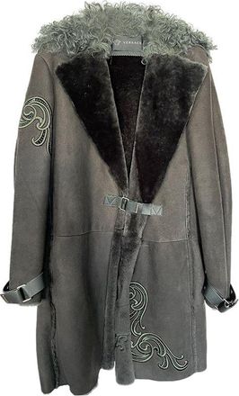 Versace Khaki Shearling Cut-Work Coat Size XS