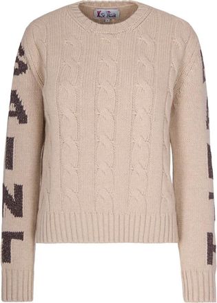 MC2 Saint Barth Truien & Vesten, Dames, Beige, M, Wol, Trui met Ronde Hals en Kabelpatroon