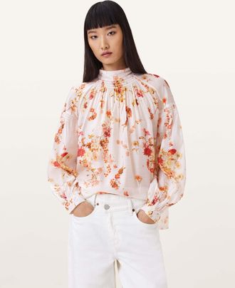 AllSaints Viscose Pearla High Neck Floral Print Top, Size: UK 14/US 10