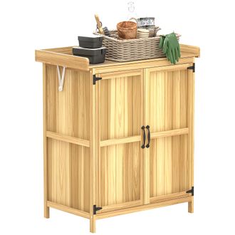 OUTSUNNY Armario De Exterior De Madera, Caseta De Jard&iacute;n Exterior Con Techo Abatible, Estante Y 2 Puertas Para Almacenamiento De Herramientas, Natural