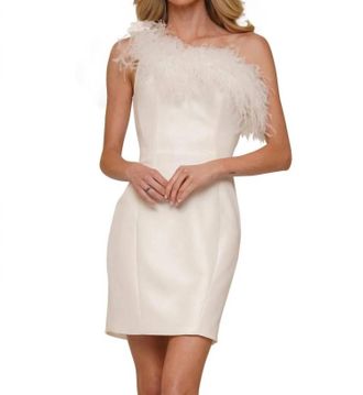 Colors Dress Feather Trimmed One Shoulder Fitted Dress In Off White