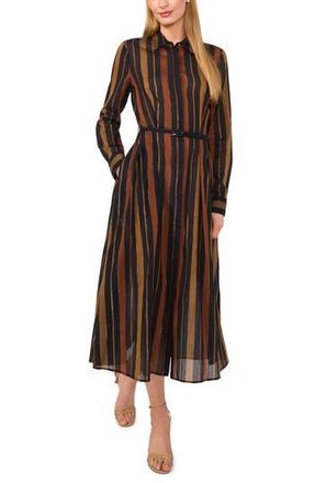 Ted Baker Metallic Stripe Long Sleeve Cotton Blend Midi Shirtdress in Brown/Rich Black at Nordstrom Rack, Size 8