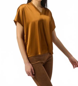 Joseph Ribkoff V-Neck Short Sleeve Boxy Satin Top In Whiskey