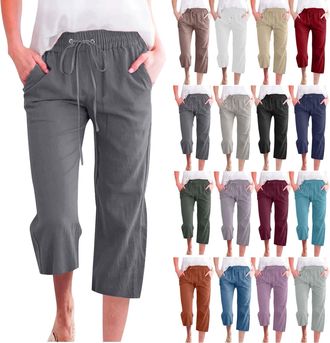 Generic Cropped Trousers for Women UK 3/4 Length Cotton Linen Summer Trendy Capri Pants Ladies Loose Petite Hiking Joggers Womens Elasticated Waist Drawstring