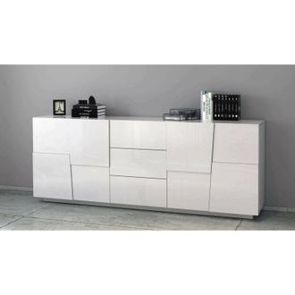 Dmora Credenza Yoel, Buffet da soggiorno, Madia da salotto con 4 ante e 3 cassetti, 220x44h86 cm, Bianco lucido, con imballo rinforzato - Dmora