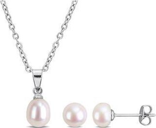 Delmar 6-7.5mm Cultured Freshwater Pearl Pendant Necklace & Earrings Set in Metallic Silver at Nordstrom Rack