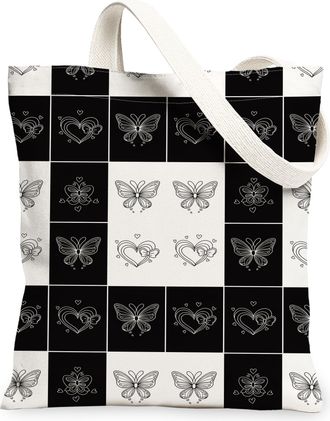 Generic Butterfly Heart Canvas Tote Bags, Stylish Insect Pattern Reusable Grocery Bags, Spring Vintage Chic Lightweight Washable Ca, Black White, 13x15 Inch