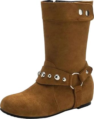Generic Womens Mid Calf Boots Round Toe Medium Height Increasing Heel Slip On With Metal Decoration For Leisure Wear