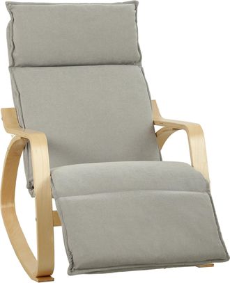 HOMCOM Homcom Silla Mecedora Con Reposapi&eacute;s Ajustable En 5 Posiciones, Reposabrazos De Madera, Acolchado Doble Capa, Asiento Amplio, Respaldo Alto Gris Claro