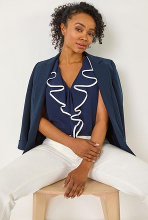 Roman Contrast V-Neck Frill Front Top