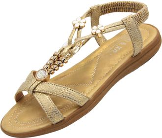 Jo & Joe Womens Beaded Flat Strappy Padded Sandals Summer Sandals for Ladies Gold 4