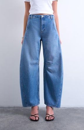 Topshop High Waist Barrel Jeans in Medium Blue at Nordstrom Rack, Size 28