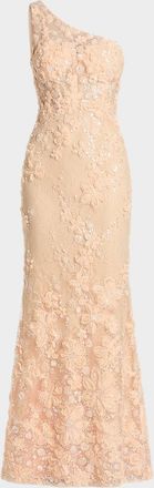 Mac Duggal Floral Embroidered One-Shoulder Column Gown