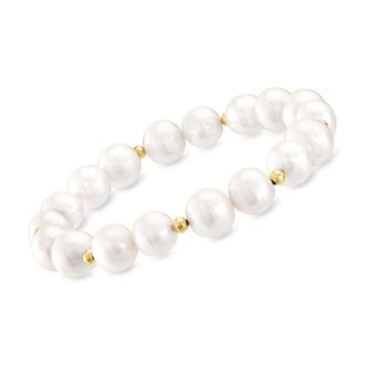 Ross-Simons 9-10mm Cultured Pearl Stretch Bracelet With 14kt Yellow Gold