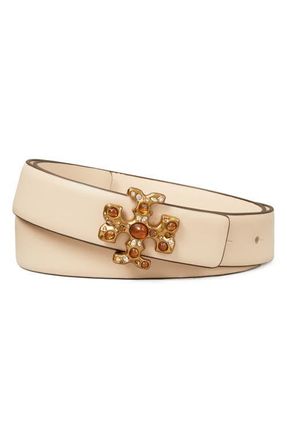 Tory Burch Kira Embellished Logo Belt in New Cream at Nordstrom, Size X-Small