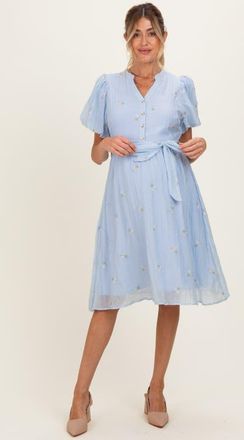 Pinkblush Floral Embroidered Tie Waist Dress in Blue at Nordstrom, Size X-Large