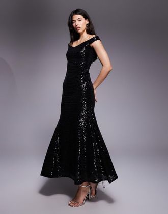 Asos Vestito lungo nero con scollo alla Bardot e paillettes