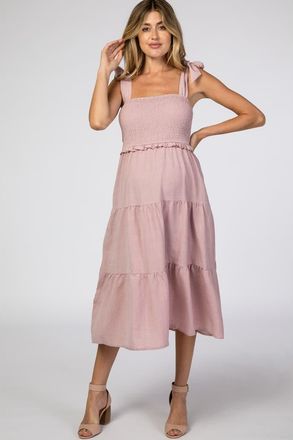 Pinkblush Bow Strap Tiered Midi Dress in Mauve at Nordstrom, Size Medium