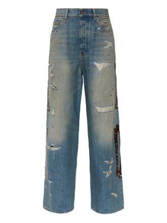 Amiri distressed embellished jeans - women - Cotton/Rhinestone/Calf Leather - 25 - Blue