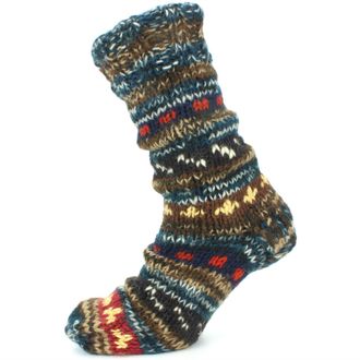 Loud Elephant Chunky Wool Knit Abstract Pattern Fleece Lined Socks - Blue & Brown