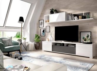 Dmora Dmora - Mueble Alto Dfalcon, Conjunto De Sal&oacute;n Con Soporte Tv, Mueble De Sal&oacute;n Polivalente, 200x41h180 Cm, Blanco Y Antracita