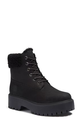 Timberland Stone Street Waterproof Faux Fur Lined Platform Boot in Black Nubuck at Nordstrom, Size 7