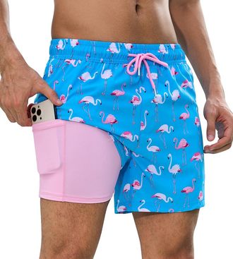 SHEKINI 5 Mens Swim Shorts with Compression Liner 2 in 1 Swim Trunks Quick Dry with Zipper Pockets Bathing Suit Surfing Stretchy Beach Shorts