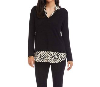 Karen Kane Layered Contrast Zebra Sweater In Black