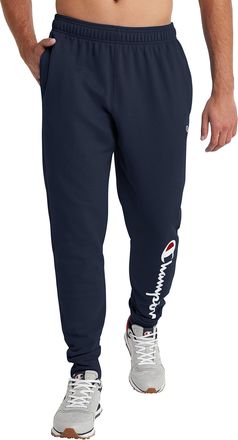 Champion Mens, Powerblend, Fleece Joggers, Comfortable Sweatpants (Reg. Or Big & Tall), Navy-Classic Script Logo, Large