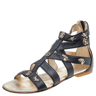 Roberto Cavalli Black Leather Embellished Sandals