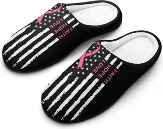 Generic Breast Cancer Awareness with Flag Mens House Slippers Memory Foam Washable Cotton Slip on Home Shoes