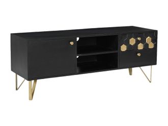 Vente-Unique Mueble TV con 1 puerta, 2 cajones y 2 estantes de madera de mango y metal - Negro y Dorado - BELORI