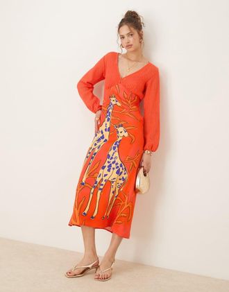 Never Fully Dressed contrast balloon sleeve midaxi dress in orange giraffe print