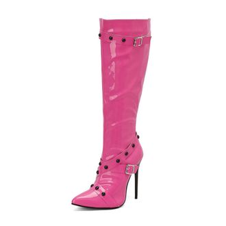 Generic Womens Patent Leather Knee High Boots with Rivet Pointed Toe Long Boots with Side Zipper Stiletto High Heel Party Prom Shoes,Fuchsia,2.5 UK