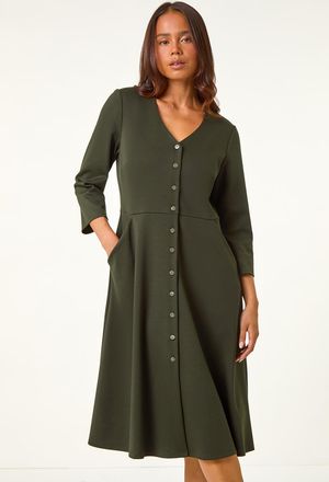 Roman V-Neck Button Detail Stretch Dress